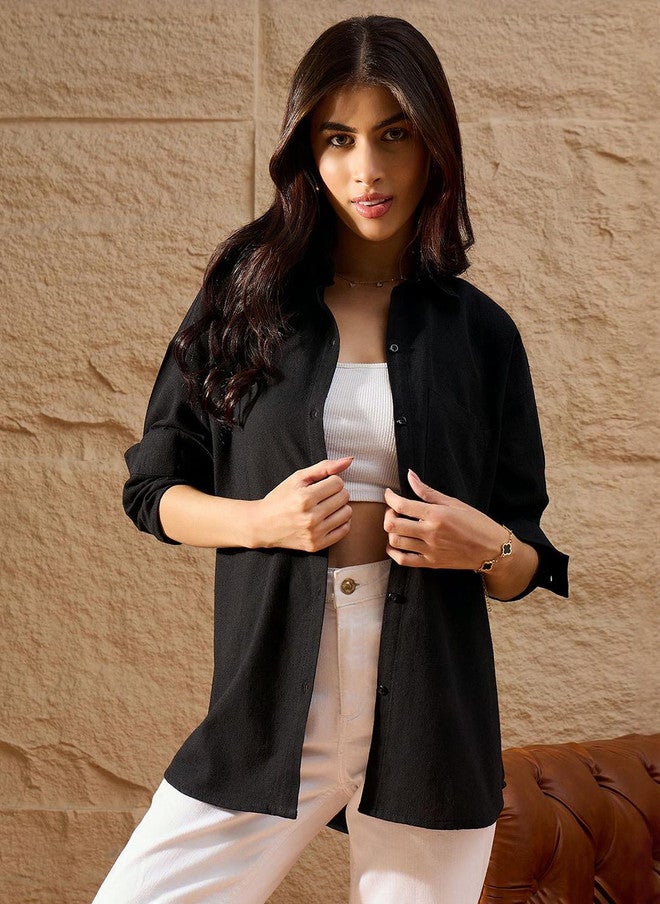 CHIMPAAANZEE Women Oversized Fit Solid Spread Collar Casual Shirt - Image 3